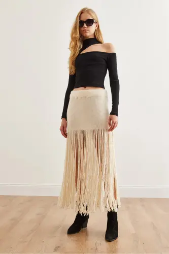 Woman Ecru Tasseled Maxi Knitted Skirt ETK-19000275-E - OLALOOK (1)