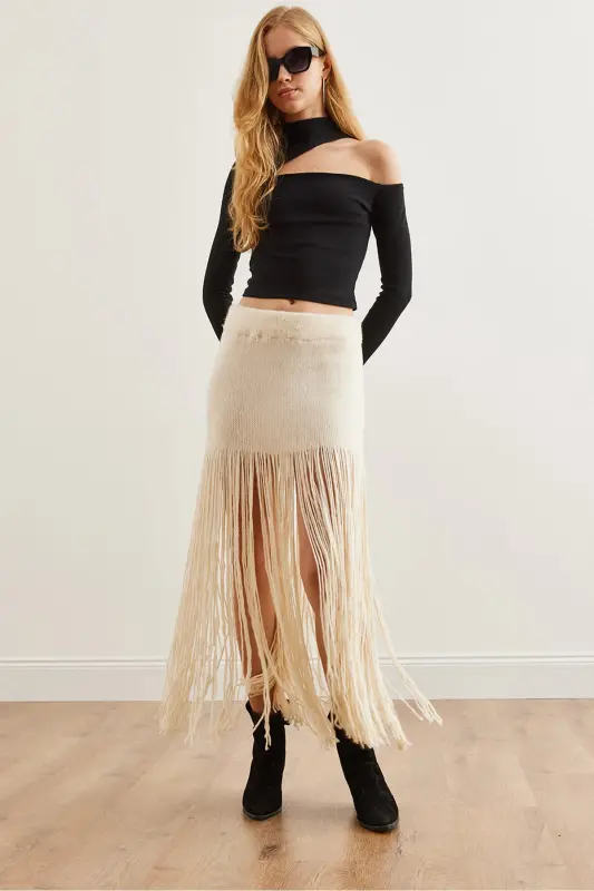 Woman Ecru Tasseled Maxi Knitted Skirt ETK-19000275-E - 5