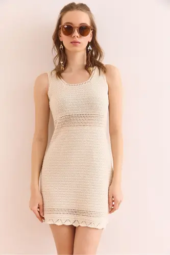 Woman Ecru Tight Knit Waist Detailed Mini Cotton Dress - OLALOOK (1)