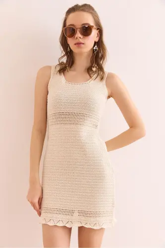 Woman Ecru Tight Knit Waist Detailed Mini Cotton Dress - 4