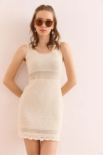 Woman Ecru Tight Knit Waist Detailed Mini Cotton Dress - 5