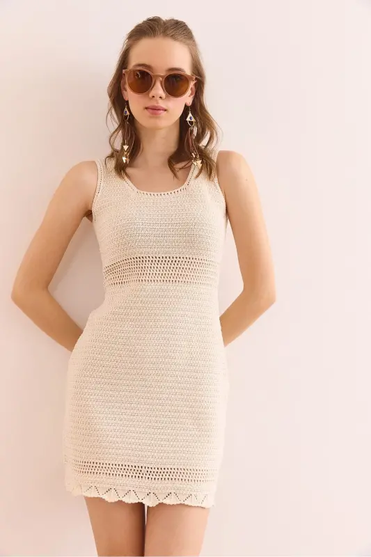 Woman Ecru Tight Knit Waist Detailed Mini Cotton Dress - 5