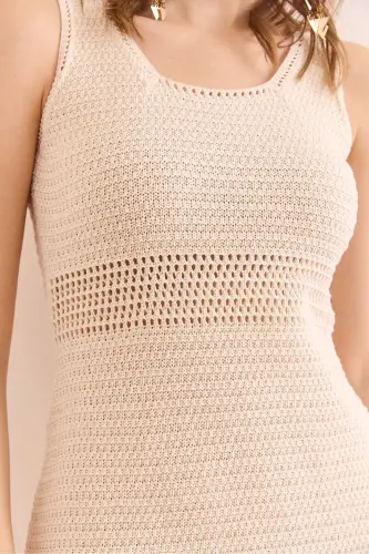 Woman Ecru Tight Knit Waist Detailed Mini Cotton Dress - 6