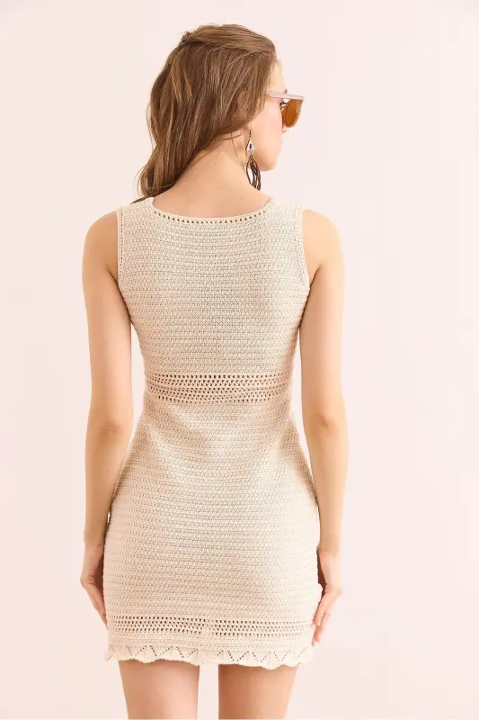 Woman Ecru Tight Knit Waist Detailed Mini Cotton Dress - 7