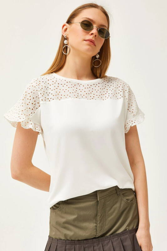 Woman Ecru Top Fistole Sleeve Flounced T-shirt BLZ-190 - 1