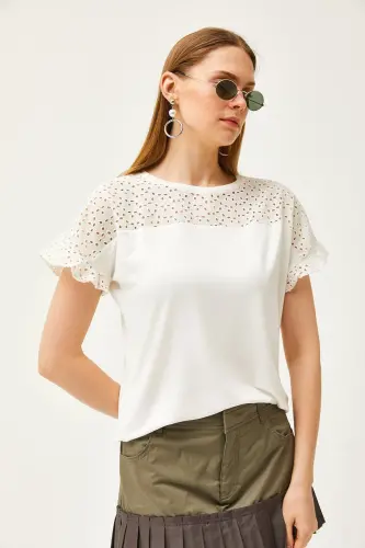 Woman Ecru Top Fistole Sleeve Flounced T-shirt BLZ-190 - 3