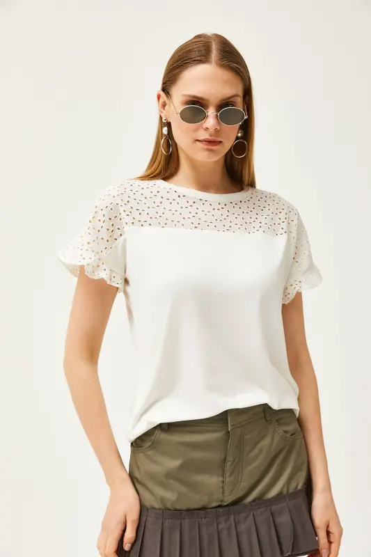 Woman Ecru Top Fistole Sleeve Flounced T-shirt BLZ-190 - 6