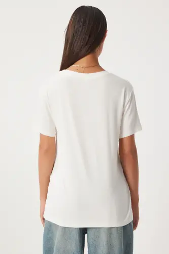 Woman Ecru V Neck Basic Viscose Knitted T-Shirt EN00613-Ecru - 5