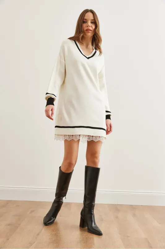 Woman Ecru V-Neck Lace Detailed Knitted Dress DR- - 2