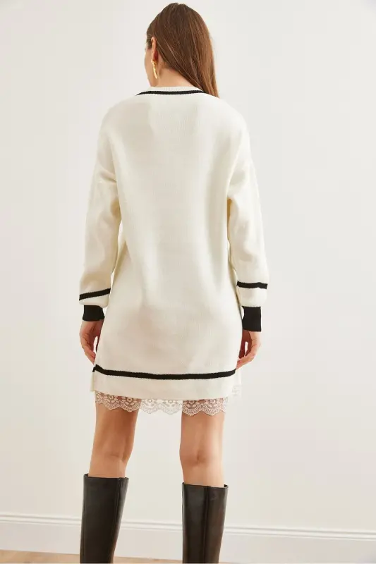 Woman Ecru V-Neck Lace Detailed Knitted Dress DR- - 6