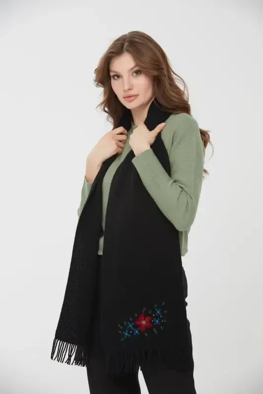 Woman Embroidered Wool Scarf Black-Black - 1