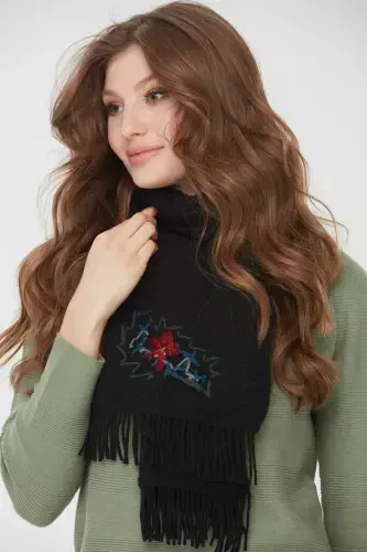Woman Embroidered Wool Scarf Black-Black - 4