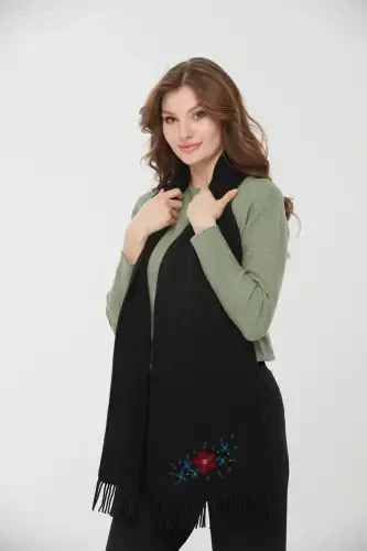 Woman Embroidered Wool Scarf Black-Black - 5