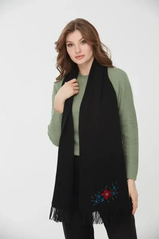 Woman Embroidered Wool Scarf Black-Black - 6