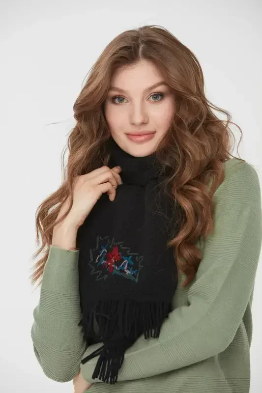 Woman Embroidered Wool Scarf Black-Black - 7