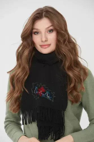 Woman Embroidered Wool Scarf Black-Black - 8