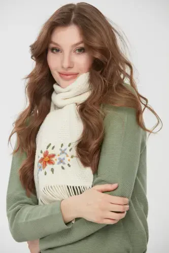 Woman Embroidered Wool Scarf Bone-Bone - 1