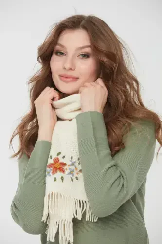 Woman Embroidered Wool Scarf Bone-Bone - DESEN TRIKO (1)