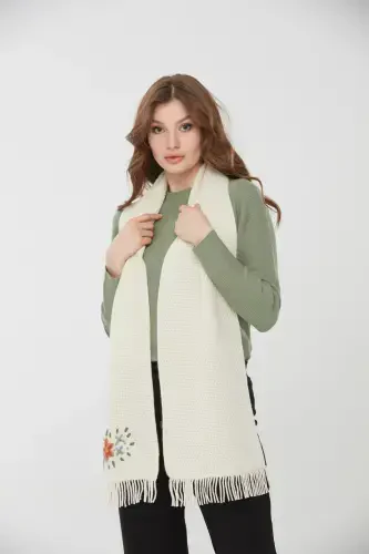 Woman Embroidered Wool Scarf Bone-Bone - 3