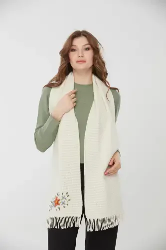 Woman Embroidered Wool Scarf Bone-Bone - 4