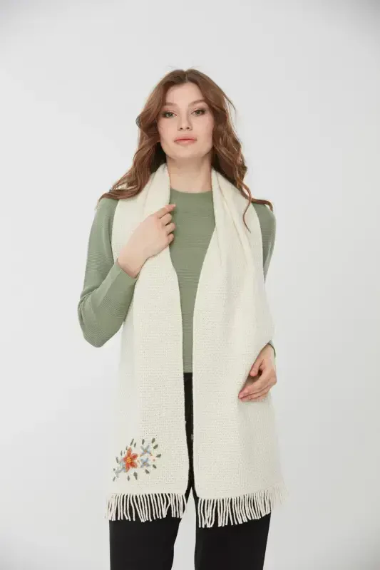 Woman Embroidered Wool Scarf Bone-Bone - 4