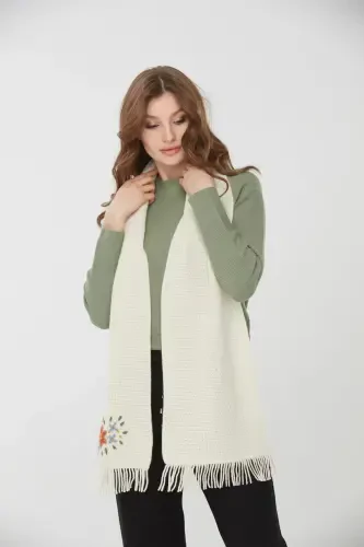 Woman Embroidered Wool Scarf Bone-Bone - 5