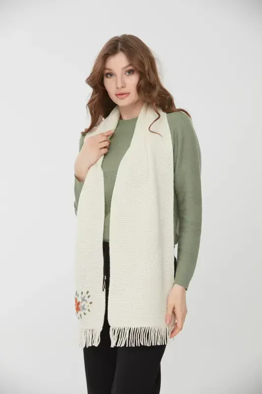 Woman Embroidered Wool Scarf Bone-Bone - 6