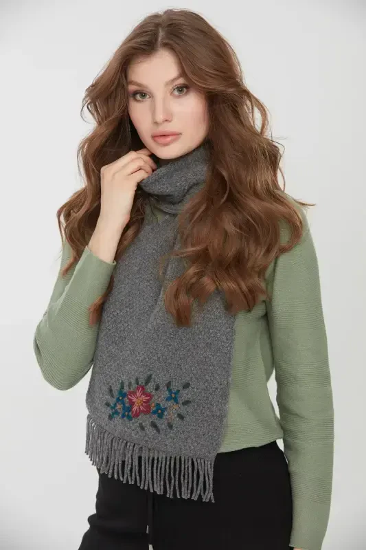 Woman Embroidered Wool Scarf Grey-Grey - DESEN TRIKO