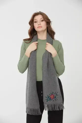 Woman Embroidered Wool Scarf Grey-Grey - DESEN TRIKO (1)