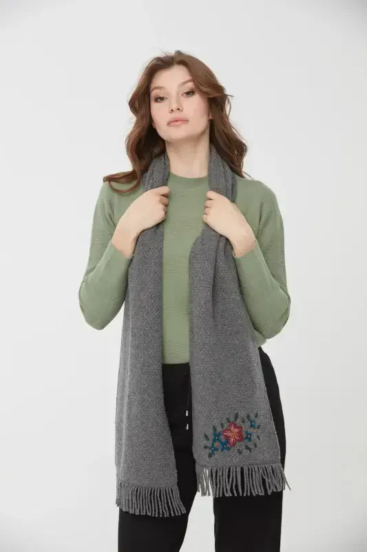 Woman Embroidered Wool Scarf Grey-Grey - 2