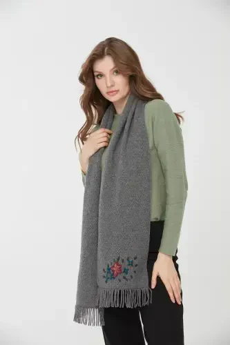Woman Embroidered Wool Scarf Grey-Grey - 3