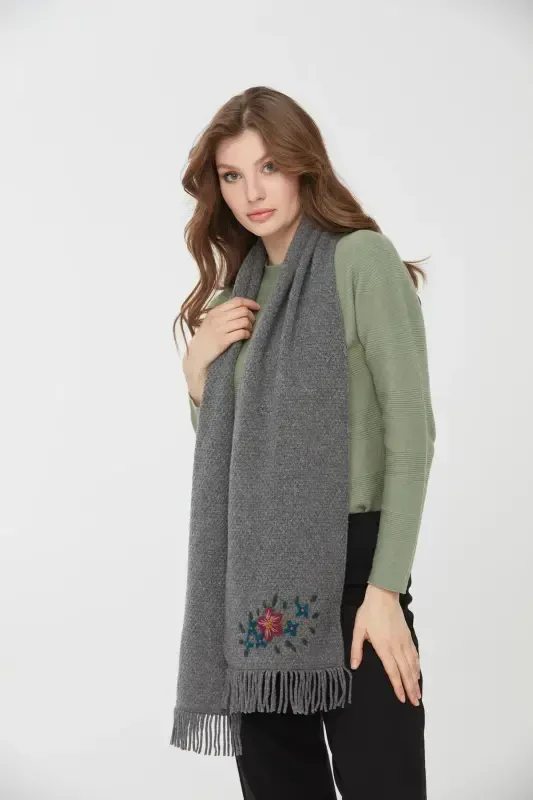Woman Embroidered Wool Scarf Grey-Grey - 3