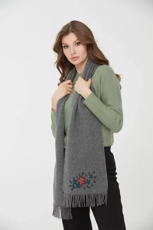 Woman Embroidered Wool Scarf Grey-Grey - 4