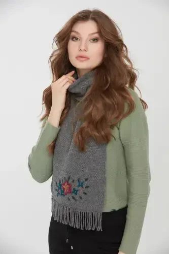 Woman Embroidered Wool Scarf Grey-Grey - 5