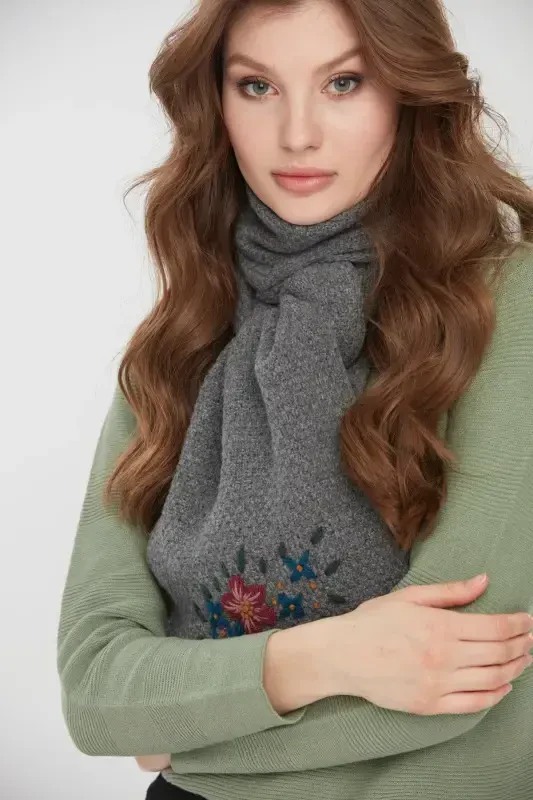 Woman Embroidered Wool Scarf Grey-Grey - 6