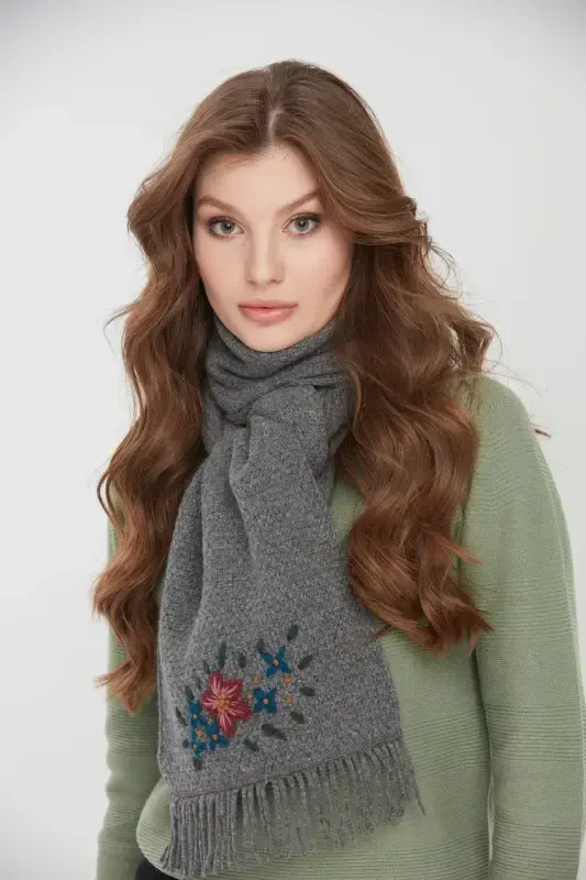 Woman Embroidered Wool Scarf Grey-Grey - 7