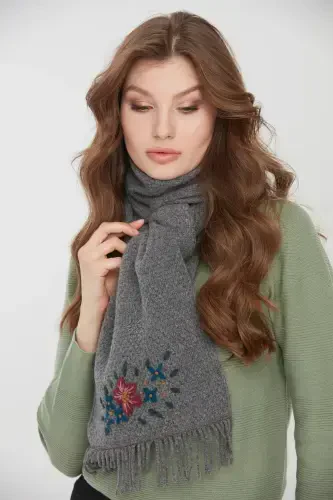 Woman Embroidered Wool Scarf Grey-Grey - 8
