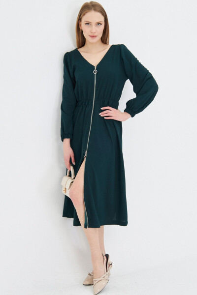 Woman Emerald Front Back V Neck Front Zippered Long K - 7