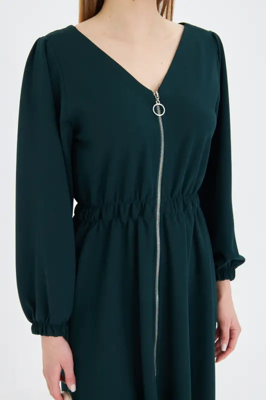 Woman Emerald Front Back V Neck Front Zippered Long K - 4