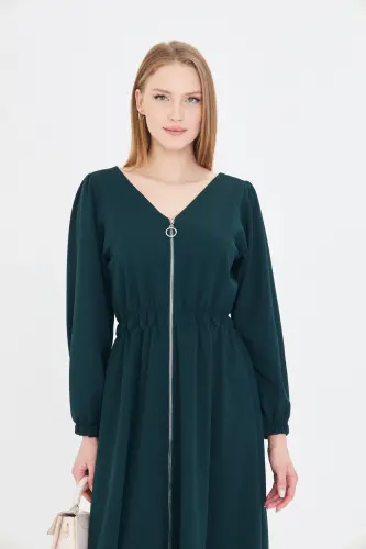 Woman Emerald Front Back V Neck Front Zippered Long K - 5