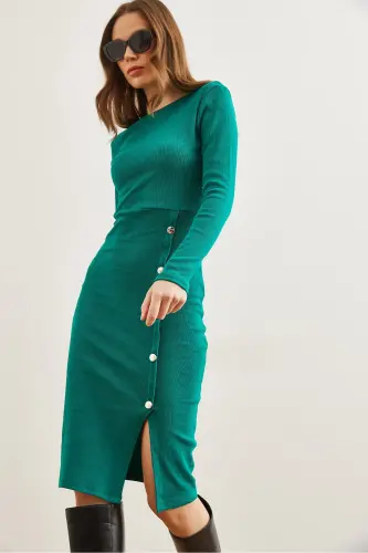 Woman Emerald Green Button Detailed Slit Midi Dress 