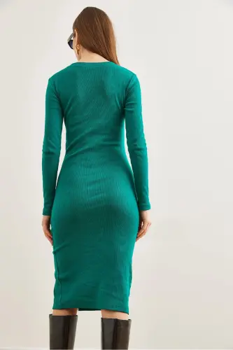 Woman Emerald Green Button Detailed Slit Midi Dress - 6