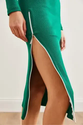 Woman Emerald Green Side Deep Zipper Slit E - 5