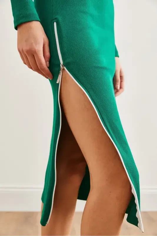 Woman Emerald Green Side Deep Zipper Slit E - 5
