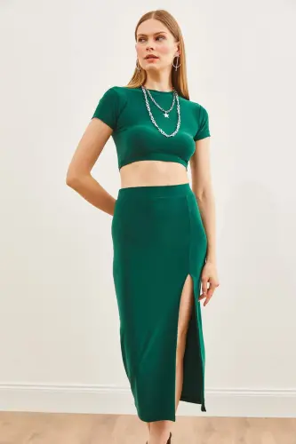 Woman Emerald Green Top Blouse Deep Slit Bottom S - 4