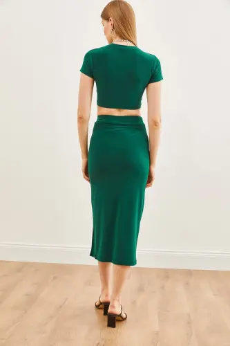 Woman Emerald Green Top Blouse Deep Slit Bottom S - 5