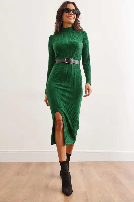 Woman Emerald Green Turtleneck Belted Slit - OLALOOK