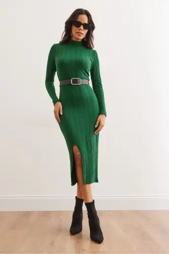 Woman Emerald Green Turtleneck Belted Slit - OLALOOK (1)