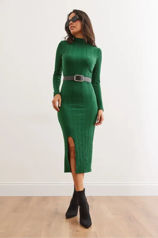 Woman Emerald Green Turtleneck Belted Slit - 4