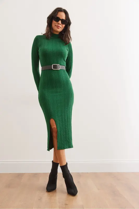 Woman Emerald Green Turtleneck Belted Slit - 5